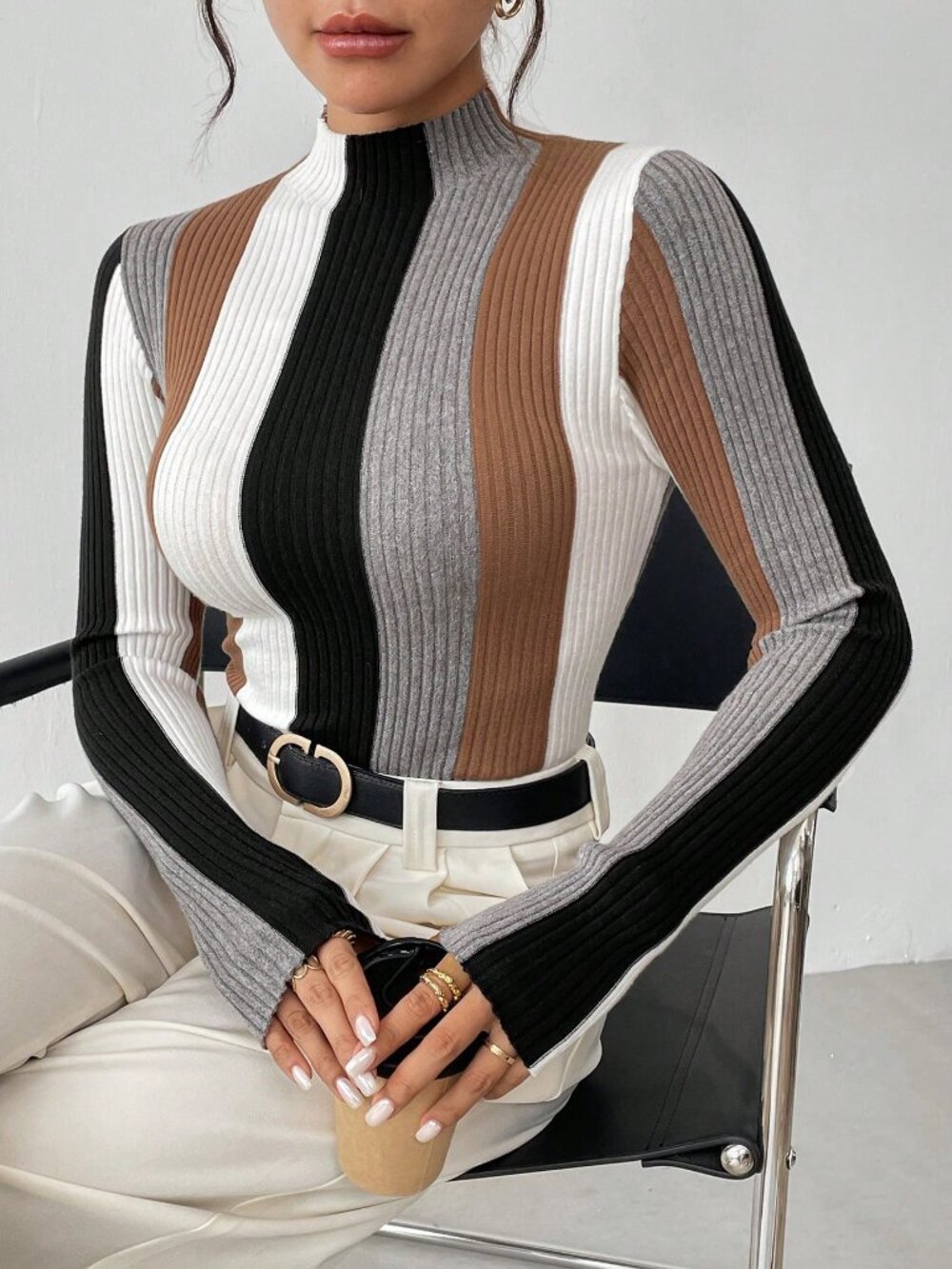 Multicolor Casual Women's Slim Fit Colorblock Stand Collar Knitted Sweater